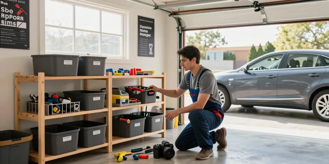 Garage organizing Ottawa scene with an organizer streamlining tools, bins, and shelves in a bright garage.