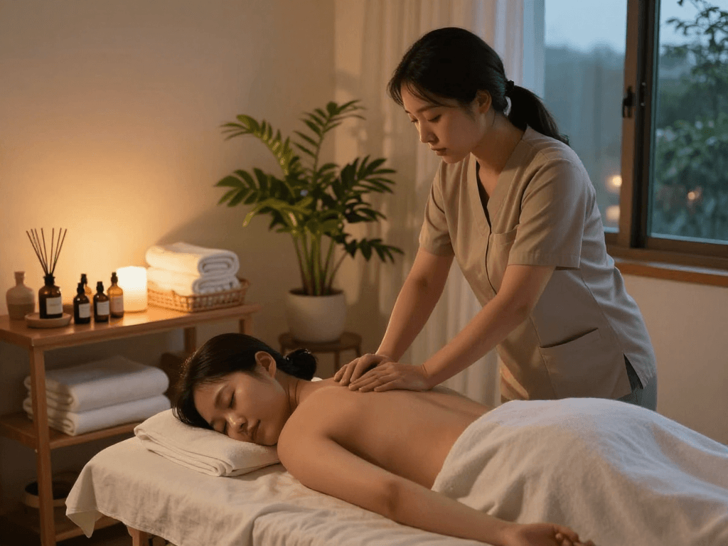 Relaxing 부천출장마사지 scene with a massage therapist and peaceful ambiance, showcasing wellness therapy.
