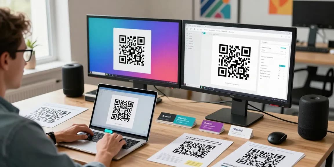 Person creating QR codes using a QR Code Generator in a modern workspace, showcasing printed materials and tech.