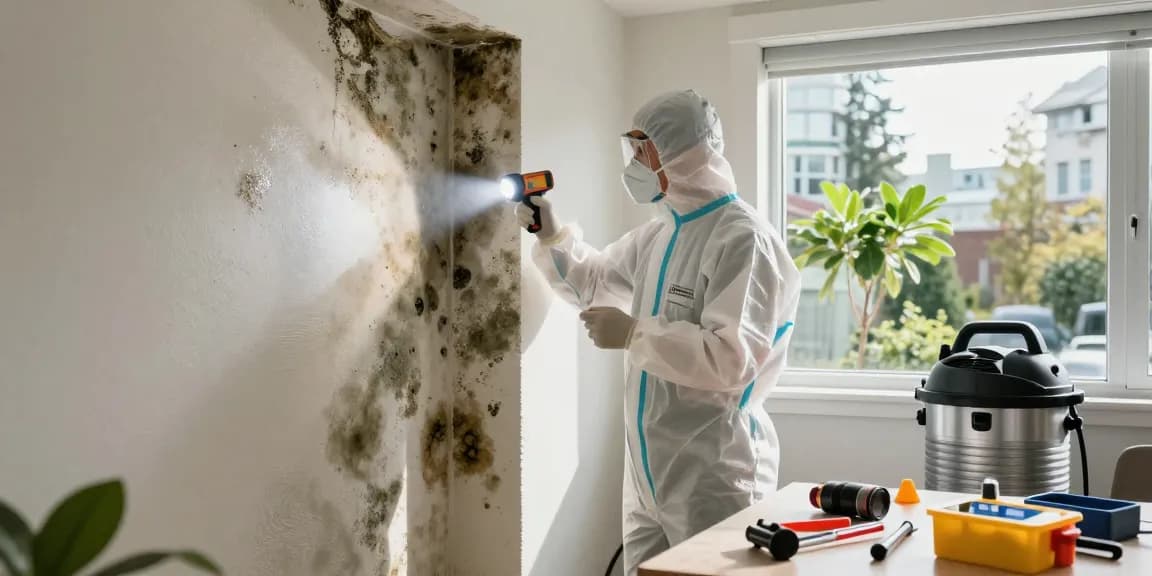 Mold Remediation Vancouver - Technician inspecting damp wall for mold in a residential home.