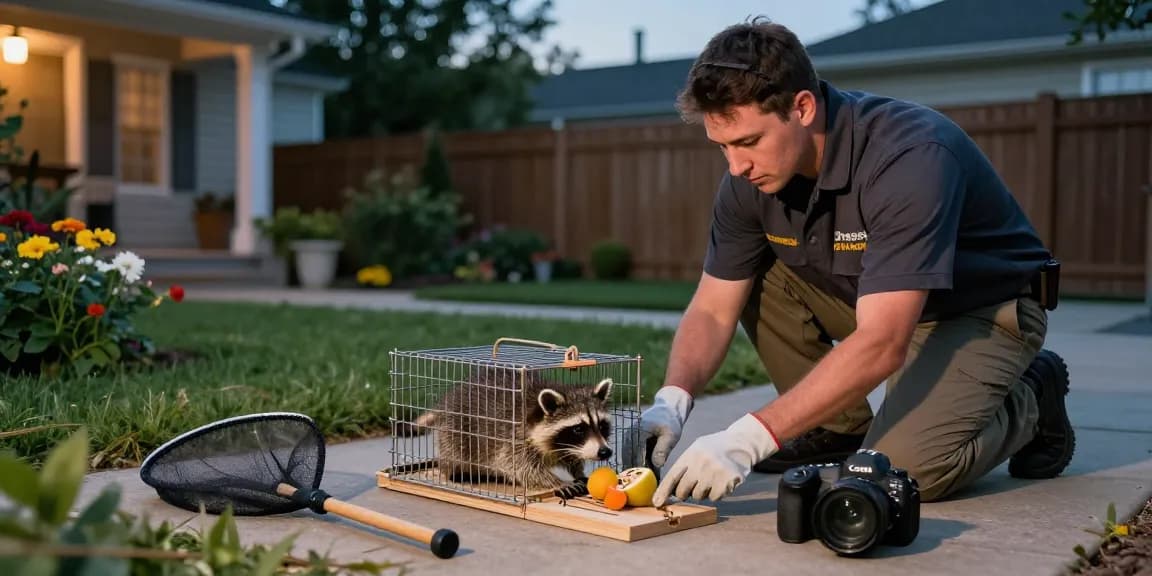 Raccoon removal Toronto expert setting humane trap in peaceful suburban garden.