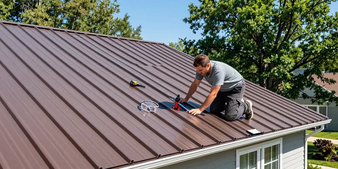Professional contractor performing metal roof installation on a residential home.