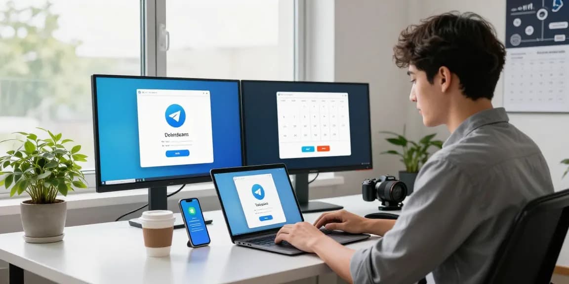 Downloading Telegram on a laptop in a bright, modern workspace.