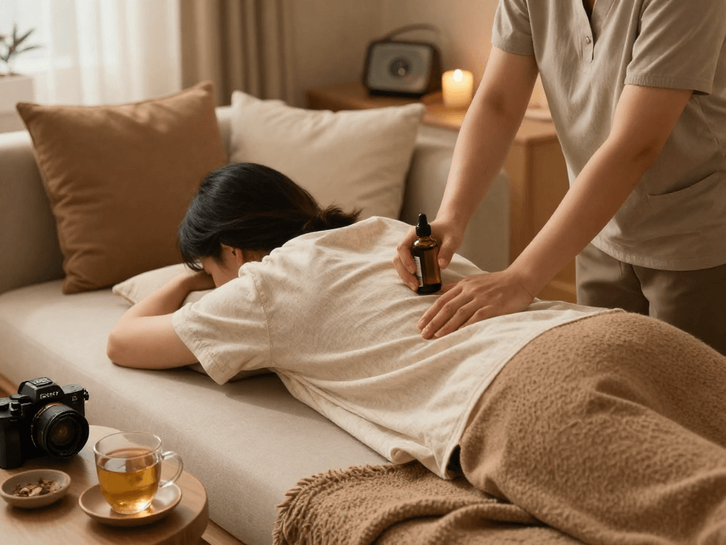 Relaxing 출장마사지 session in a serene home environment with soothing atmosphere.