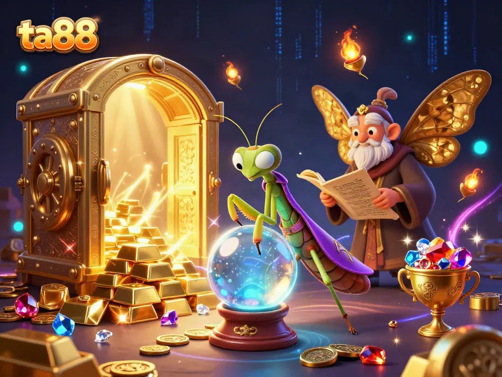 Cover dynamic scene of ta88 casino with a fortune teller, moth librarian, and magical treasures