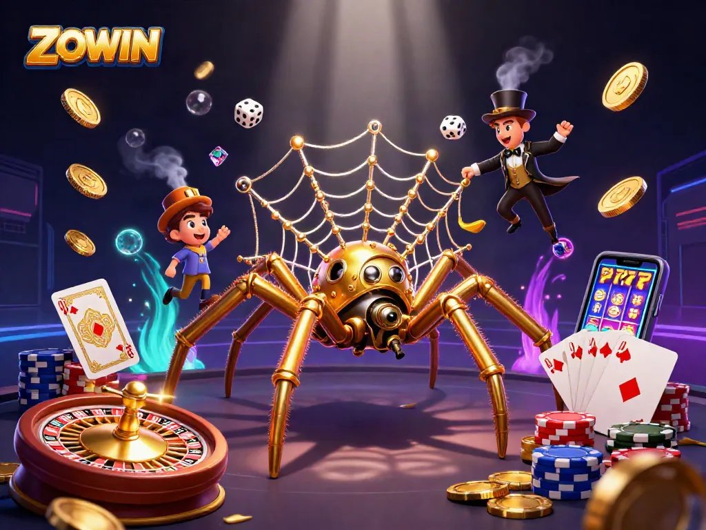 ZOWIN captivates players with immersive casino adventures, showcasing a steampunk spider catching dice.