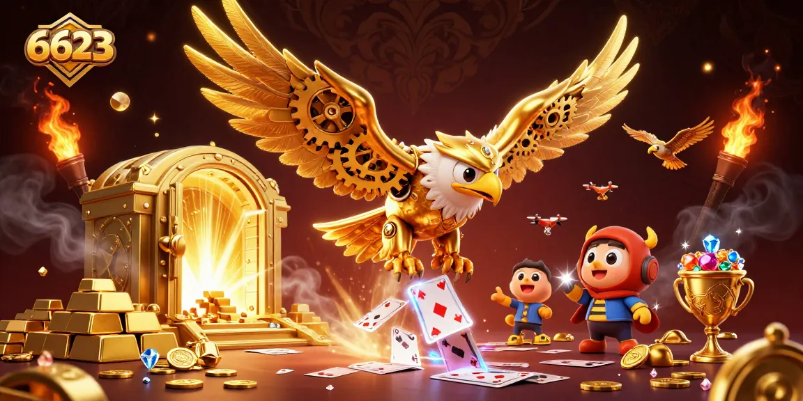 Dive into the thrill of 6623, where a cybernetic eagle soars through holographic cards and treasure.