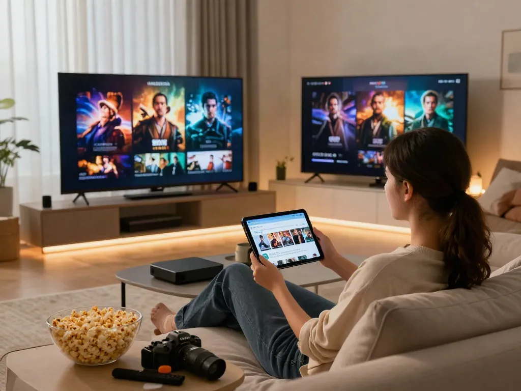 FilmyZilla user streaming movies on a tablet while relaxing at home.