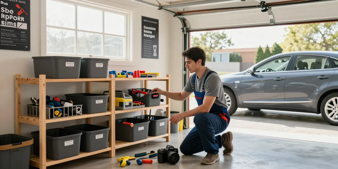 Garage organizing Ottawa scene with an organizer streamlining tools, bins, and shelves in a bright garage.