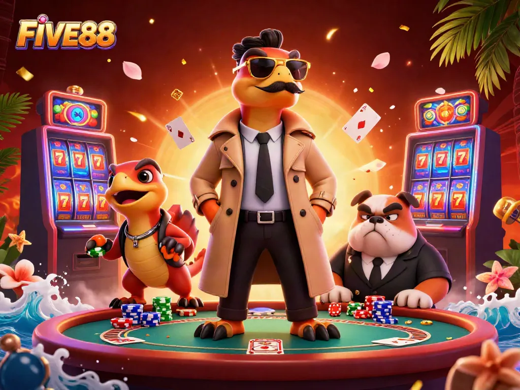 Experience the vibrant FIVE88 casino scene with cartoon raptors navigating the VIP lounge.