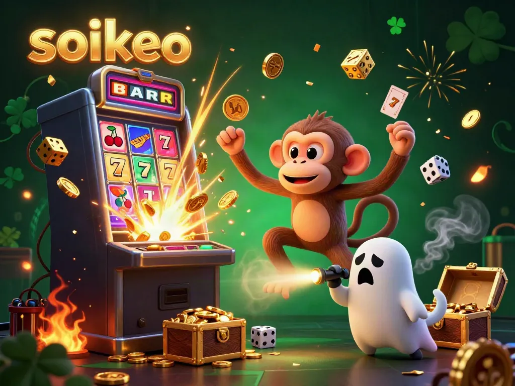 Engage with soikeo's thrilling casino games featuring a playful poltergeist monkey juggling coins and a curious puppy tracking the fun.