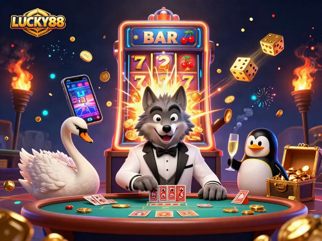 Experience the thrilling LUCKY88 slot action with 3D characters and dynamic casino elements.
