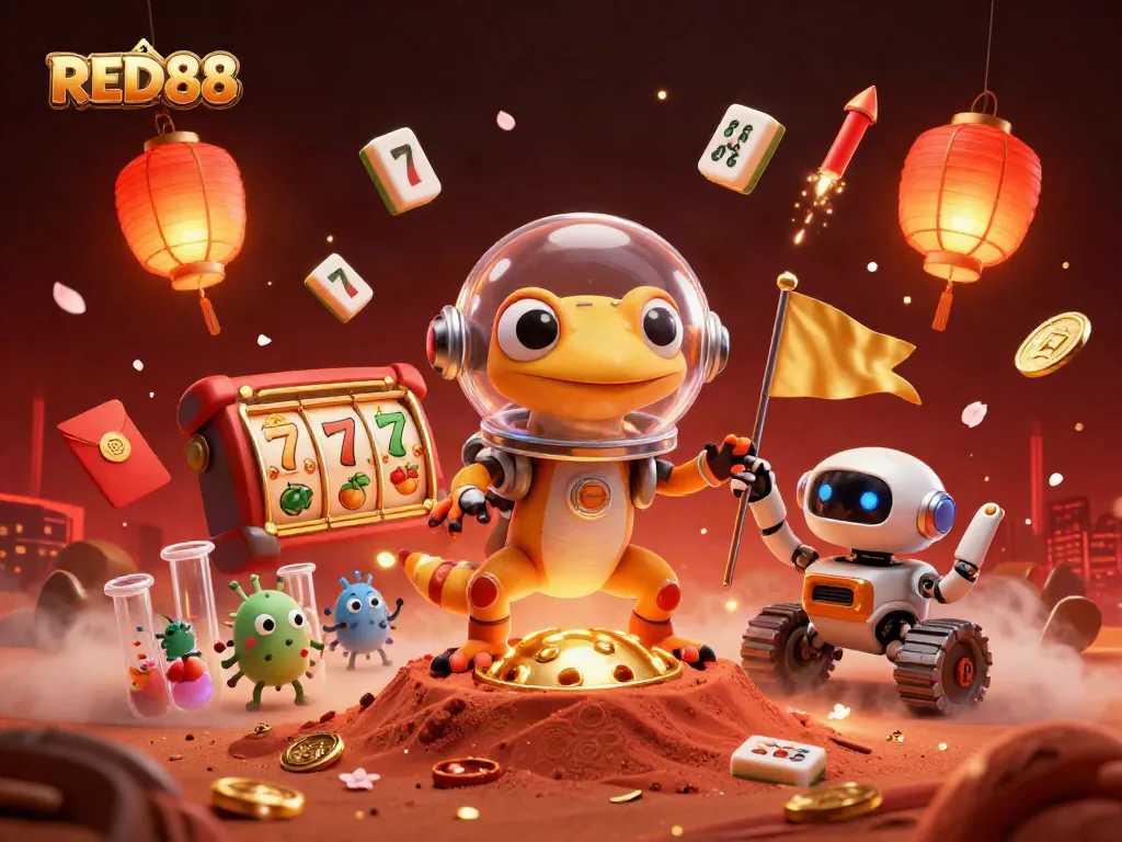 Spin the reels at RED88 Casino with vibrant 3D elements and an engaging Martian theme.
