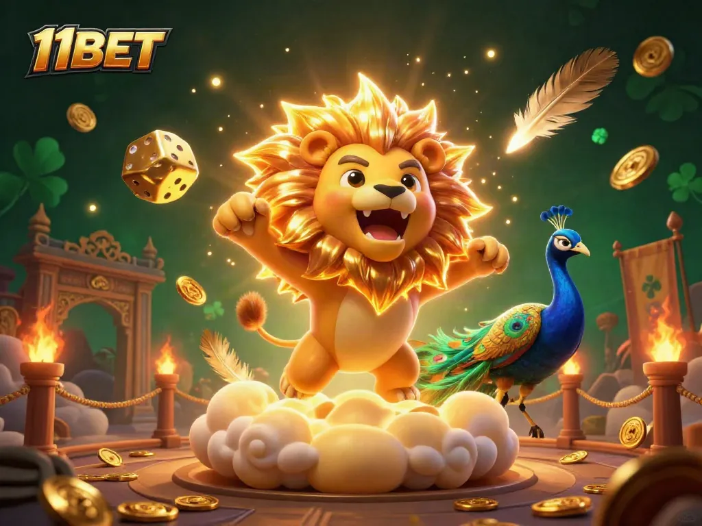 Win big with 11BET in this vibrant, action-packed casino scene featuring a roaring lion and golden dice.
