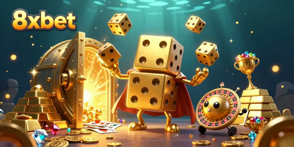 Experience thrilling action at 8xbet with colorful illustrations of casino excitement featuring a golden dice golem in a vibrant scene.