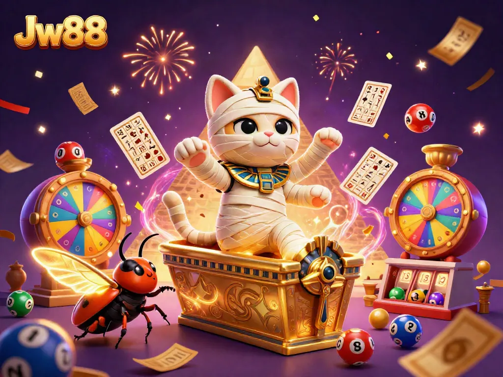 Experience Jw88's thrilling casino adventure with a 3D Egyptian mummy cat and vibrant game elements.