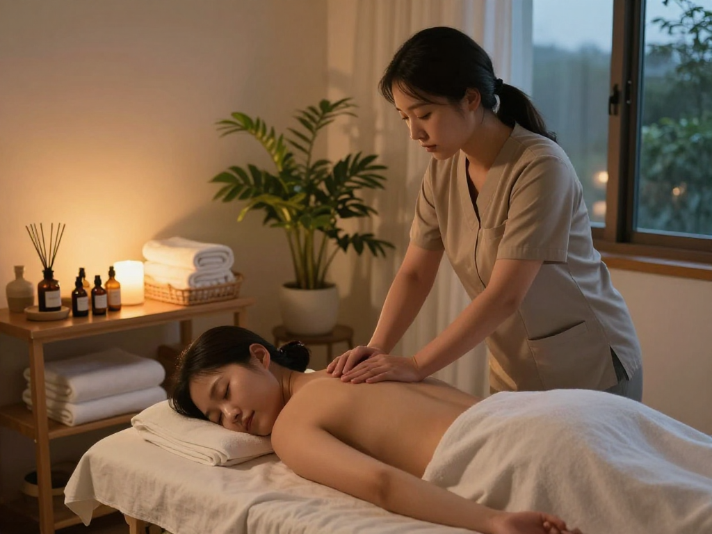 Relaxing 부천출장마사지 scene with a massage therapist and peaceful ambiance, showcasing wellness therapy.