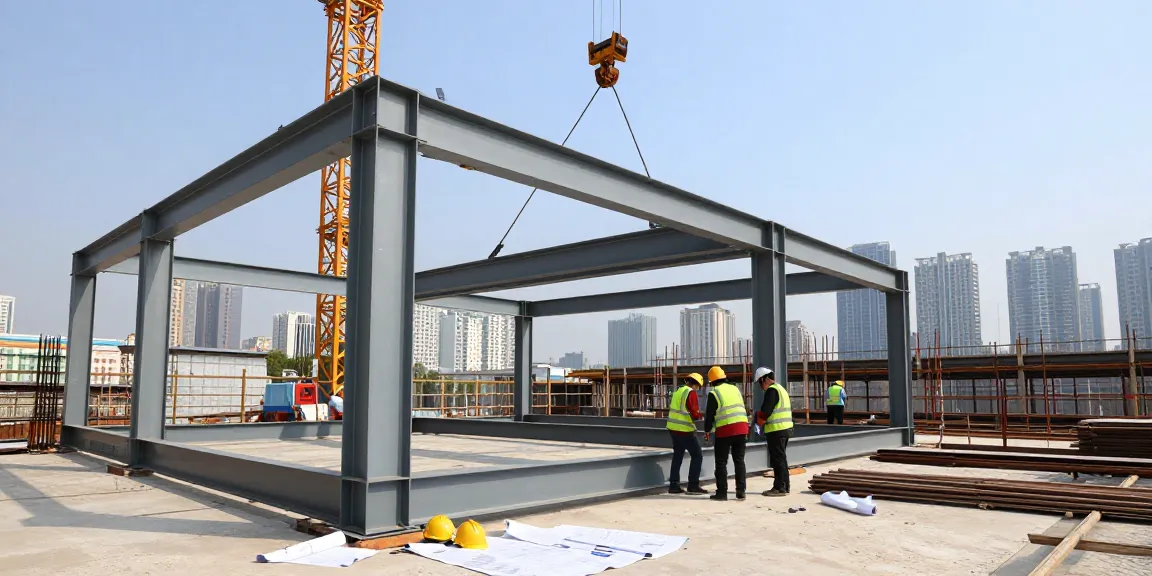 Dynamic scene at a commercial steel company construction site featuring workers and steel framework.