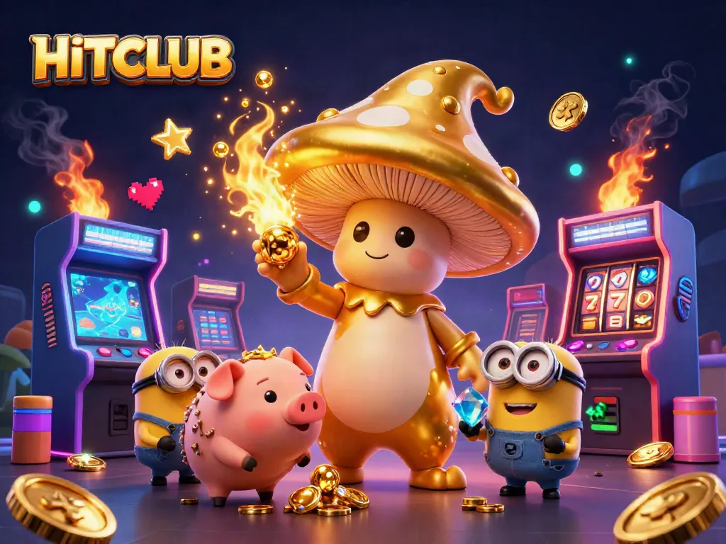 Experience HITCLUB magic with a golden mushroom wizard and vibrant casino elements.