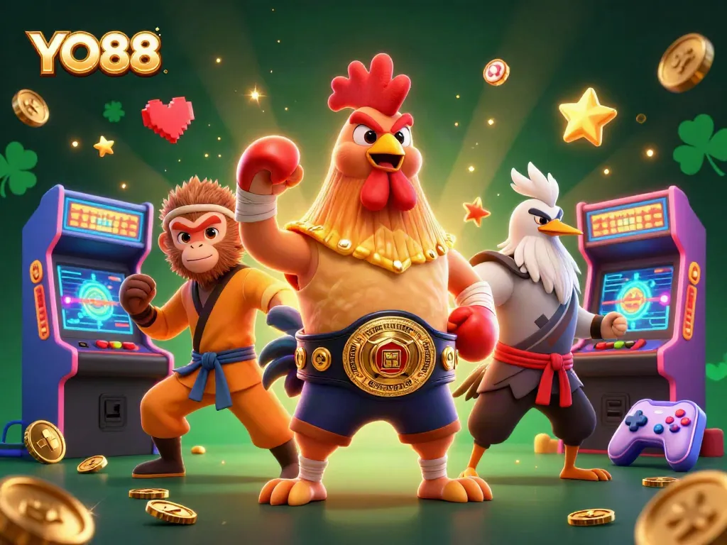 Experience thrilling gaming with YO88's vibrant scene featuring martial characters and casino elements.