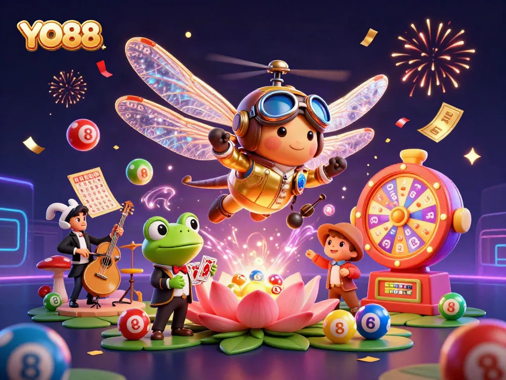 Experience the excitement of YO88, featuring a dragonfly pilot, frog croupier, and lottery elements in an engaging casino scene.