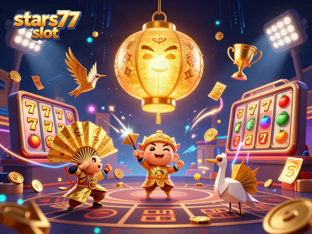 Mainkan slot stars77 dengan lampion emas dan simbol keberuntungan di casino interaktif.