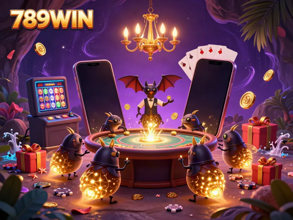 Experience the vibrant world of 789WIN as cartoon glowworms shine in a cave casino, featuring neon lights and gaming action.