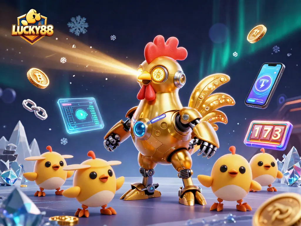 Spin to win big with LUCKY88 in this vibrant 3D casino illustration featuring playful characters and crypto elements.