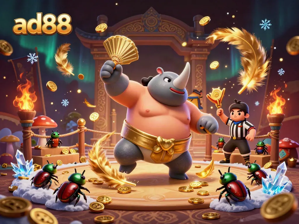 Witness the excitement of ad88 with a sumo champion beetle stomping coins in a vibrant casino scene.