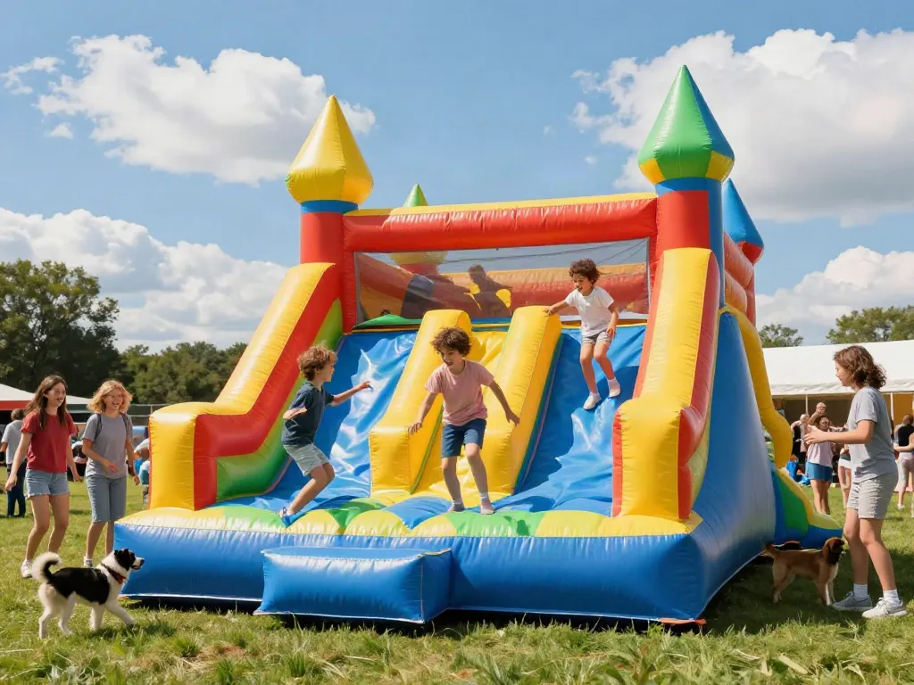 Children happily bouncing in an inflatable castle, enjoying a fun outdoor party atmosphere.