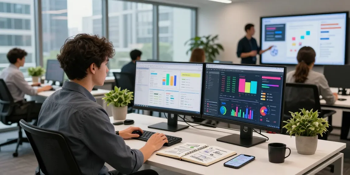 Digital marketing strategist Canada collaborating in a modern office with analytics displayed, showcasing dynamic teamwork.