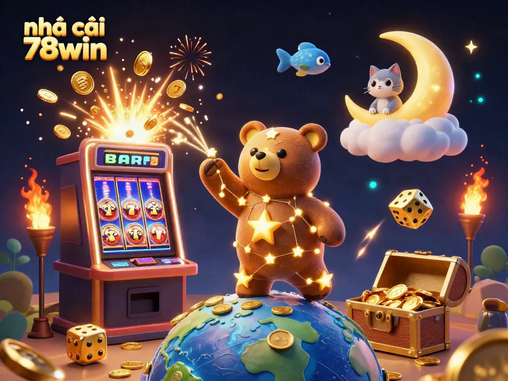 Experience the gaming excitement at nhà cái 78win with a dazzling 3D scene of a golden constellation bear amidst slot machines and coins.