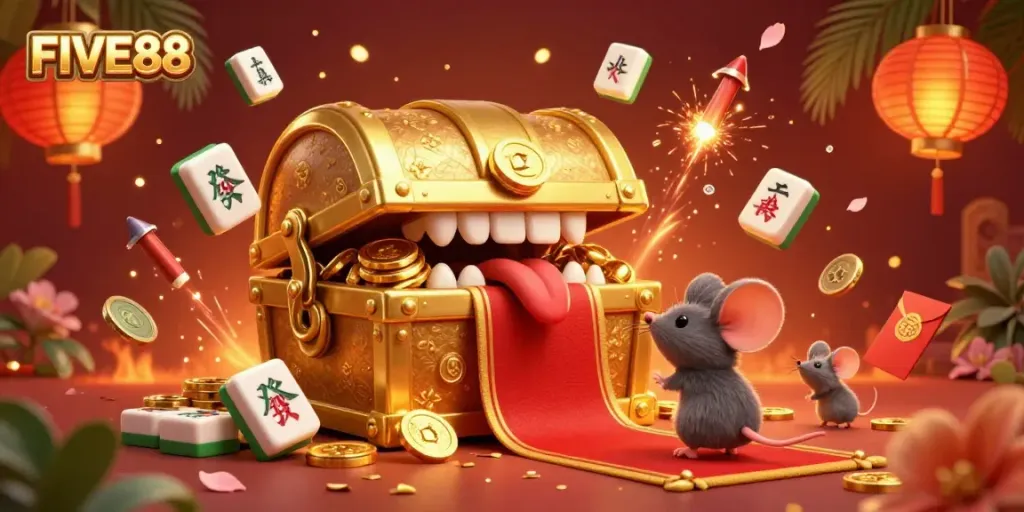 Experience the excitement of FIVE88 with a vibrant casino scene featuring treasure chests and lucky symbols.