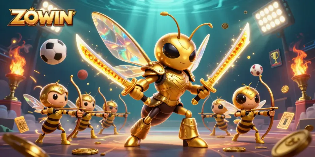ZOWIN's thrilling sports betting scene with dynamic characters, game elements, and vibrant colors.