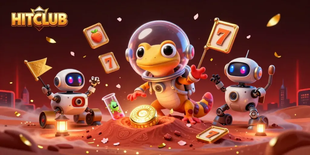 Experience HITCLUB excitement with the Martian gecko at a golden casino adventure amidst dynamic slot reels.