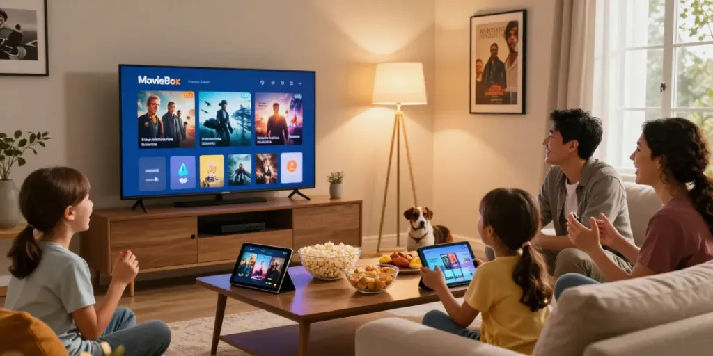 Family enjoying the MovieBox app together on a smart TV in a cozy living room
