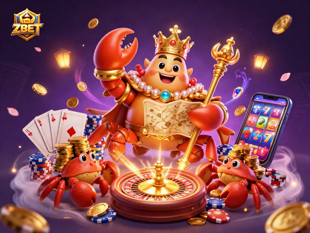 ZBET showcases a vibrant casino scene with a golden crab emperor, offering treasure and excitement in gaming.