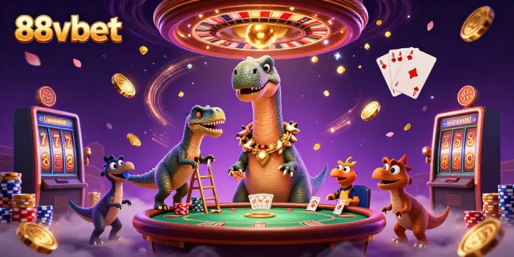 Experience the excitement of 88vbet with a vibrant casino scene featuring dynamic characters and rich gaming elements.