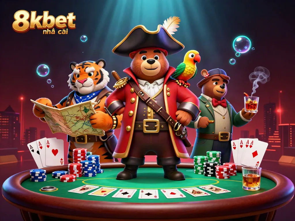 Engage with thrilling poker action at 8xbet nhà cái featuring a pirate bear, tiger, and treasure map.