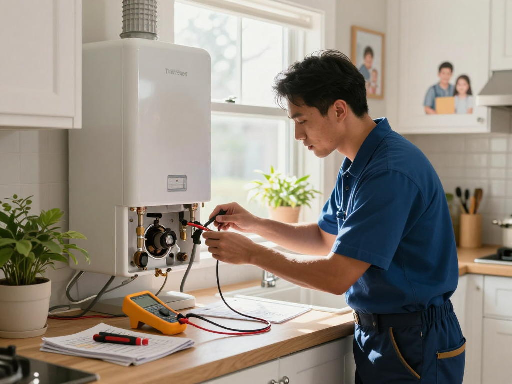 Gas Appliance Service in North York, technician inspecting a gas appliance in a well-lit kitchen to ensure safety and efficiency.