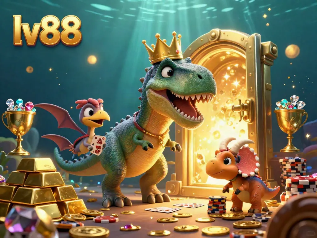 Experience exciting gameplay with lv88's rich casino atmosphere featuring T-Rex and friends shuffling cards and stacking chips.