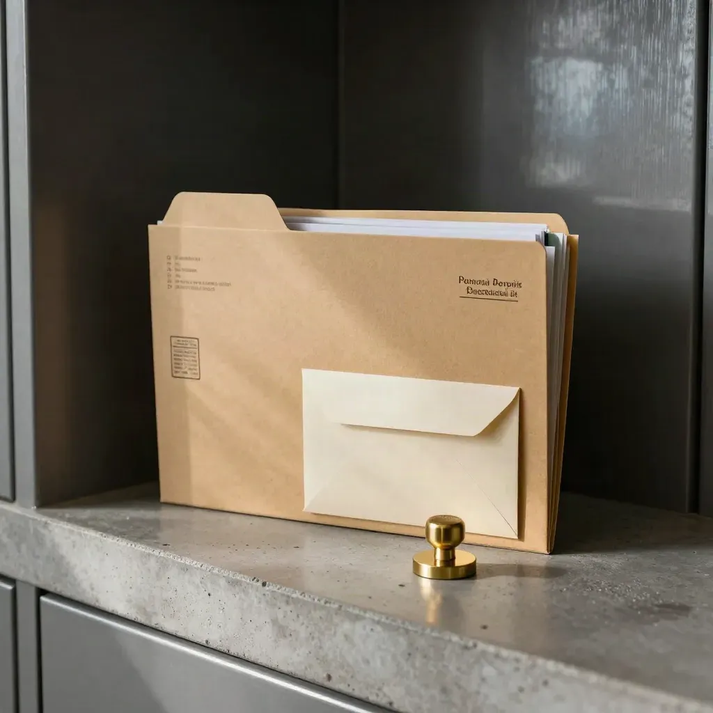 Permit folders, stamp, brass seal, and envelope holder on a concrete ledge