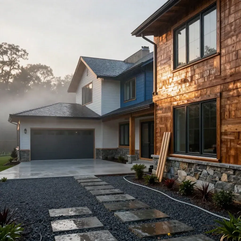 Wet custom two-storey home at first light, cedar, stone, black windows, mist rising over the site.