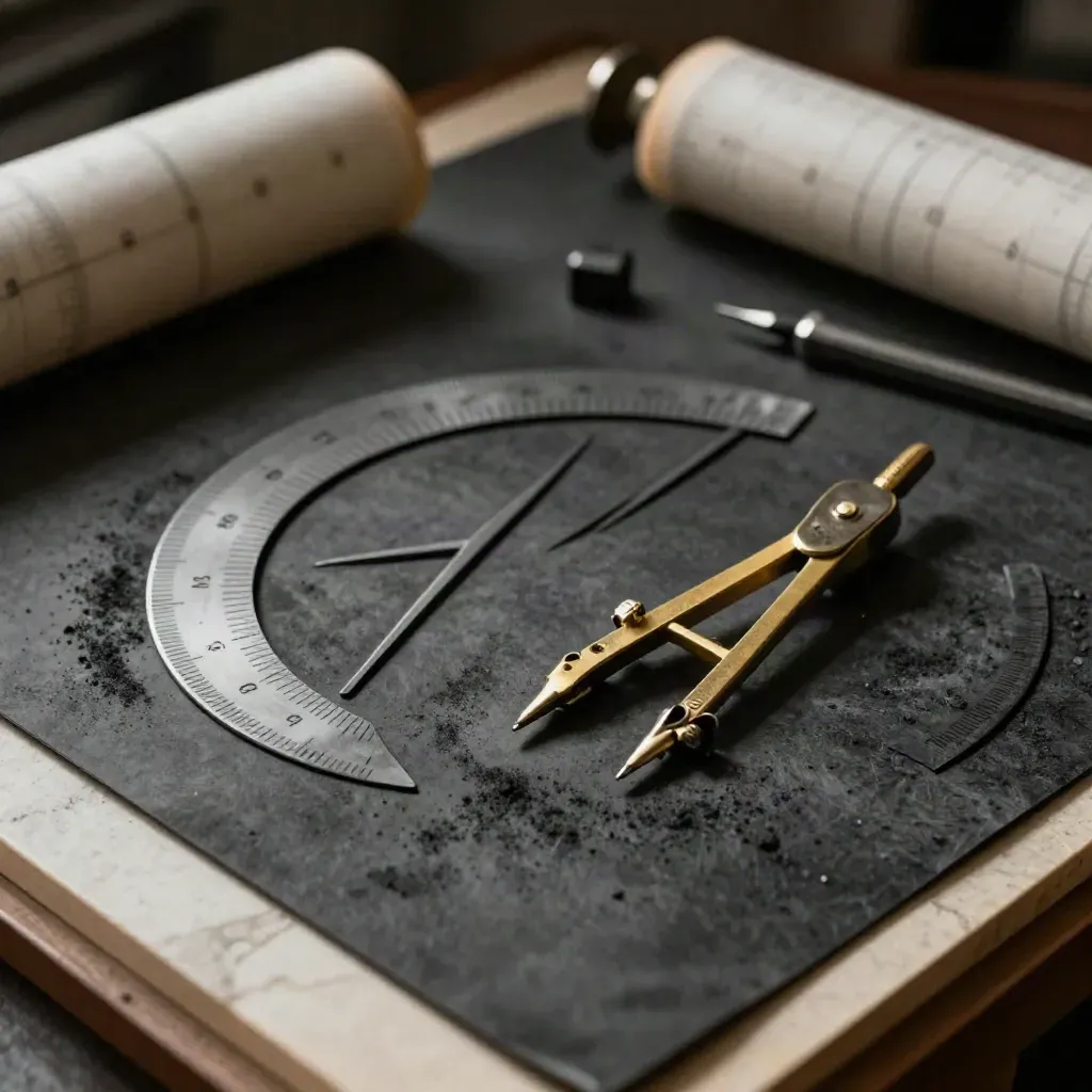Drafting tools mid-layout on a dark work surface, lit with soft moody light.