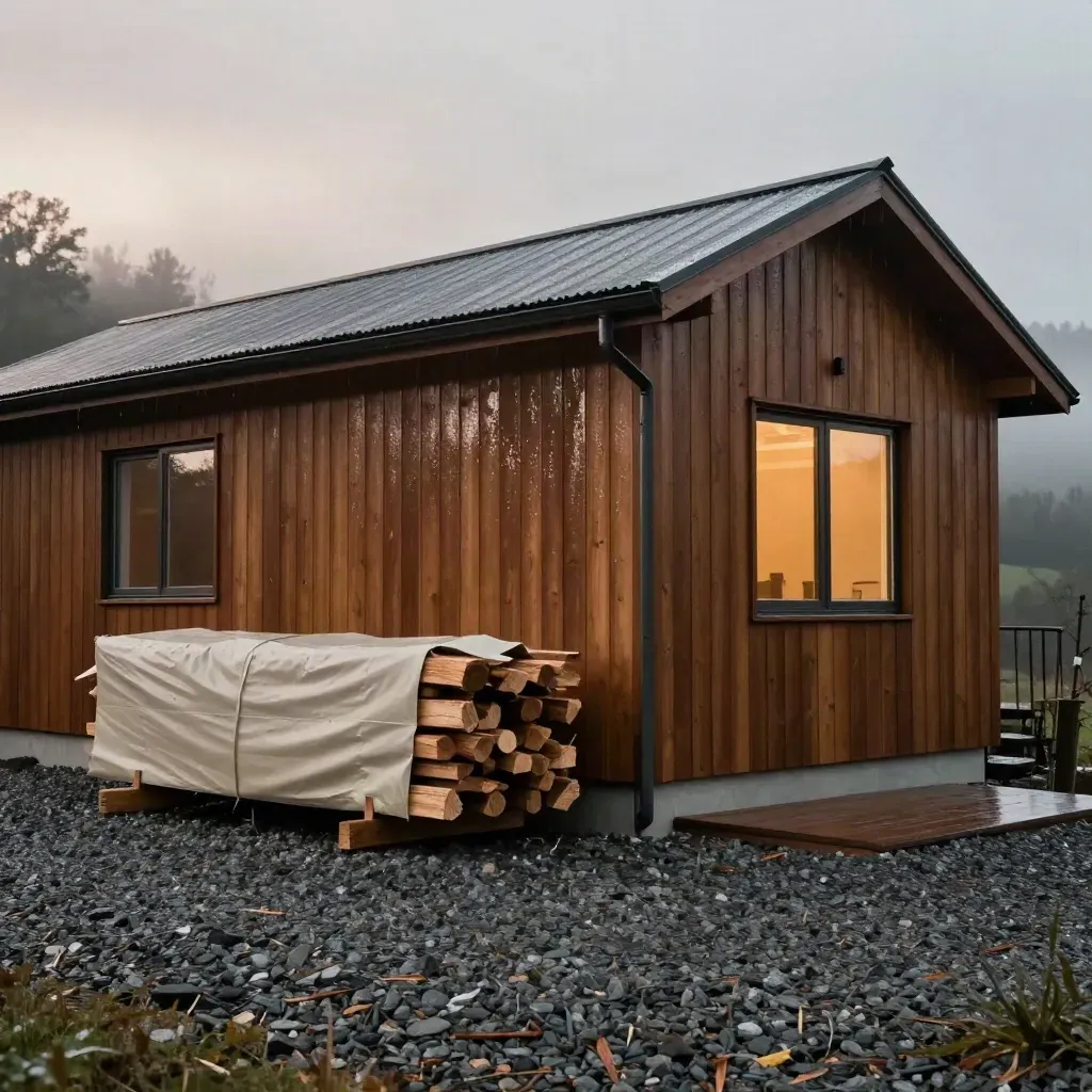 Lock-up stage family home with cedar cladding, dark frames, wrapped lumber and warm interior glow