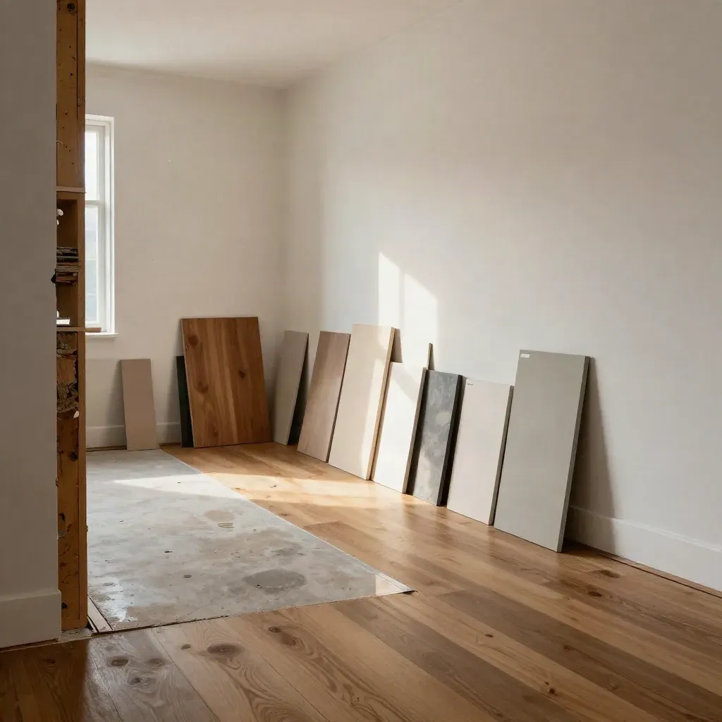 Renovation corner with studs, oak flooring, sample boards, and wrapped cabinetry pieces