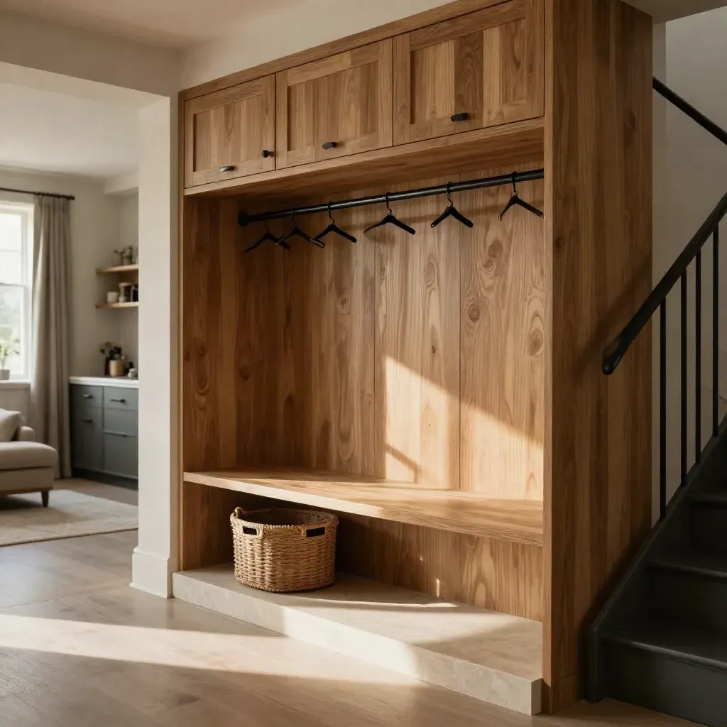 Finished mudroom and open-plan family home interior with oak joinery and black staircase.
