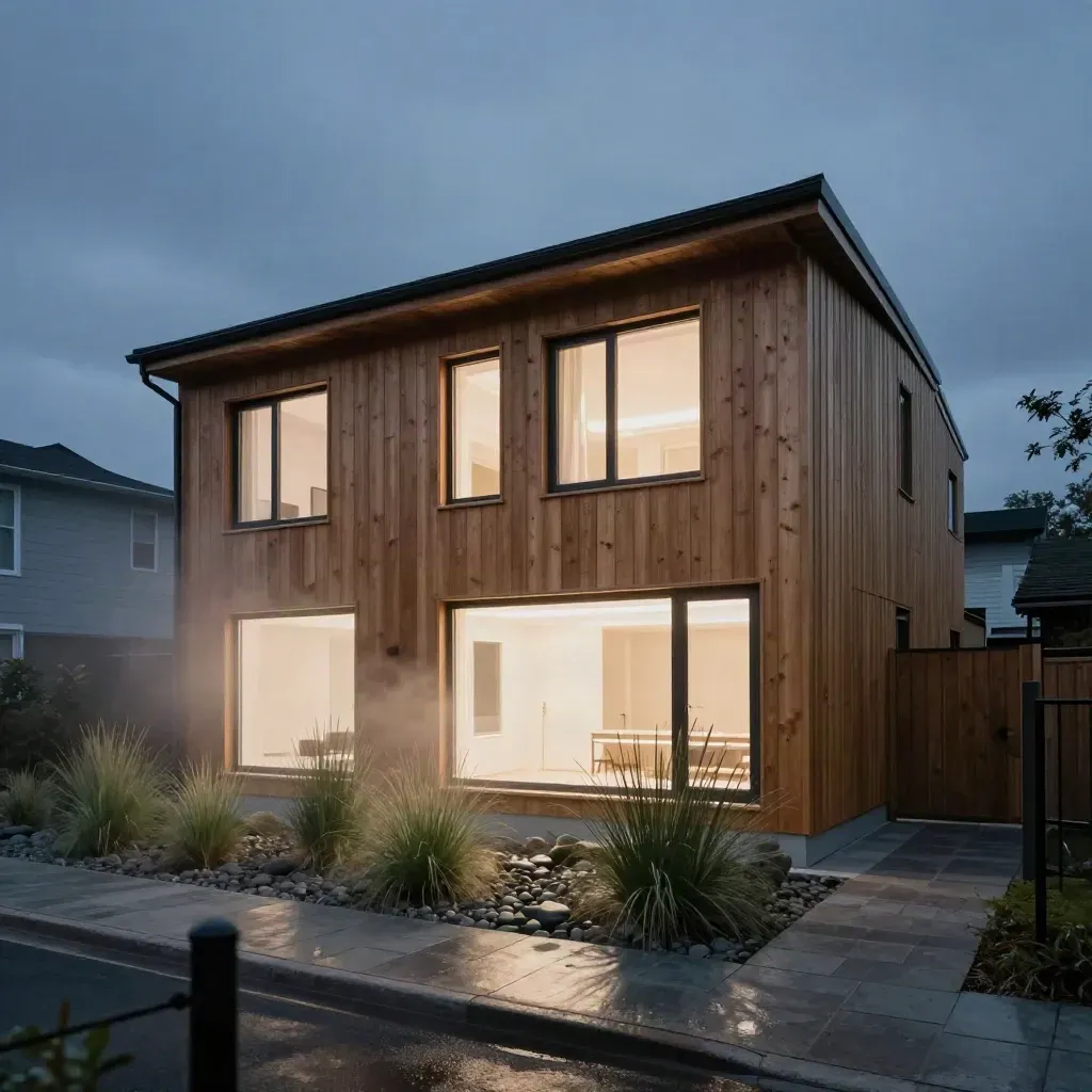 Cedar-clad laneway suite glowing at dusk beside a planted courtyard and gravel lane.