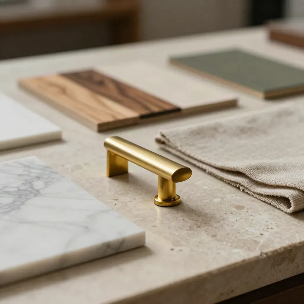 Brass pull, veneer chips, marble sample and linen swatch on a design bench.