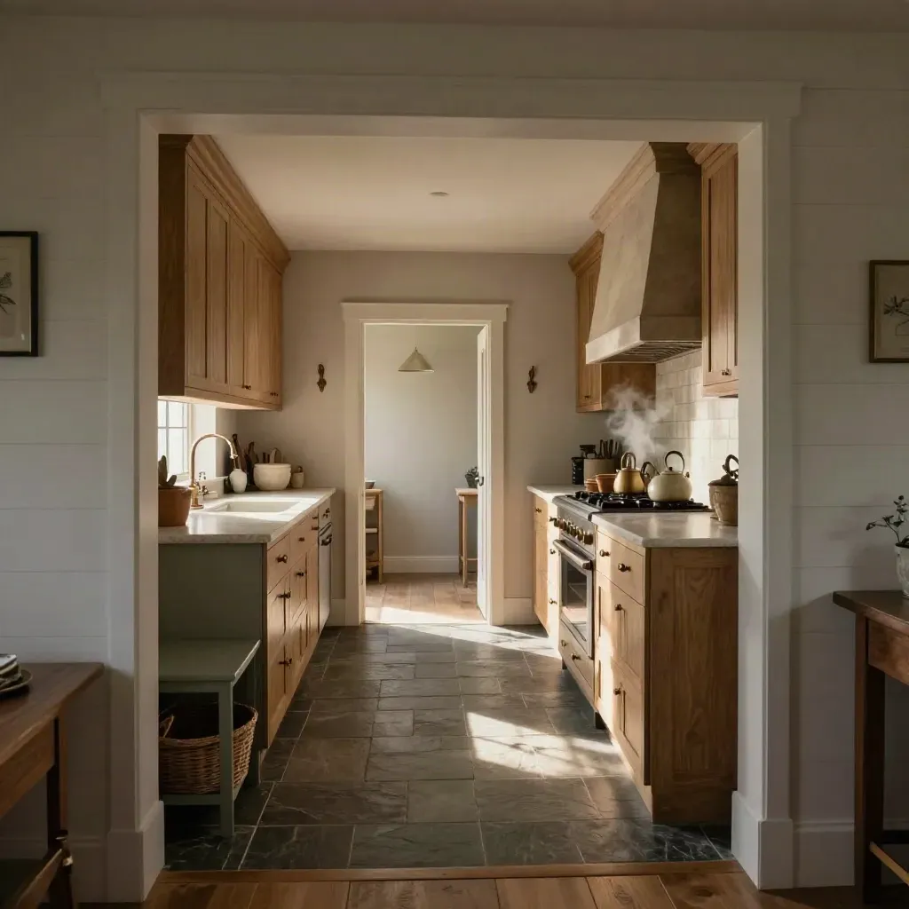 Waterdown farmhouse kitchen-to-mudroom interior with shiplap, stone counters and sunlit sage bench.